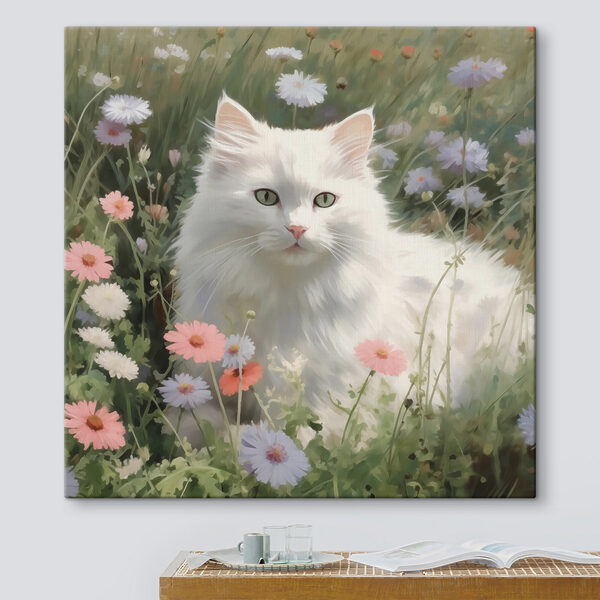 Weiße Katze in einem Blumenfeld Wandbilder Weiße Katze in einem Blumenfeld
