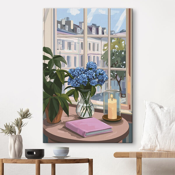 Vase mit Blumen und einer Kerze vor einem Fenster Wandbilder Vase mit Blumen und einer Kerze vor einem Fenster