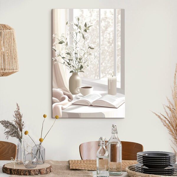 Tasse Kaffee und eine Vase mit Blumen auf der Fensterbank Wandbilder Tasse Kaffee und eine Vase mit Blumen auf der Fensterbank