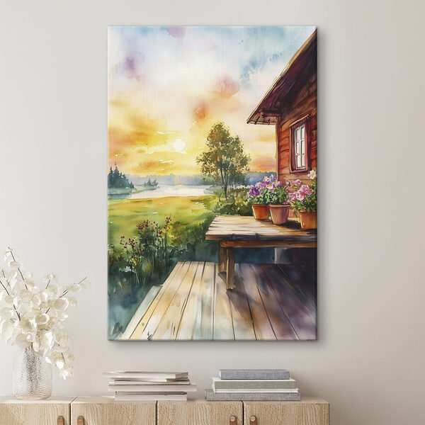 Aquarellmalerei eines Hauses mit Blumen auf einem Tisch Wandbilder Aquarellmalerei eines Hauses mit Blumen auf einem Tisch