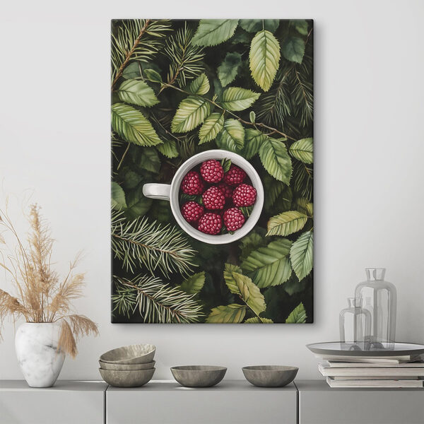 Becher mit Himbeeren in einem Baum Wandbilder Becher mit Himbeeren in einem Baum