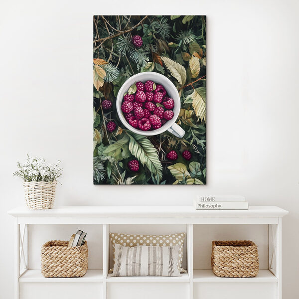 Tasse Himbeeren auf Blättern Wandbilder Tasse Himbeeren auf Blättern