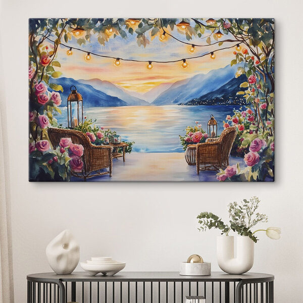 Aquarell einer Terrasse mit Stühlen und Blumen und Lichtern von einer Schnur Wandbilder Aquarell einer Terrasse mit Stühlen und Blumen und Lichtern von einer Schnur