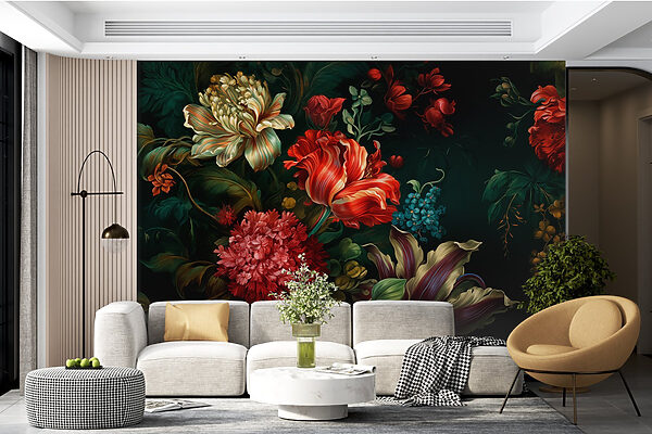 Gemälde mit Blumen auf dunklem Hintergrund Fototapeten Gemälde mit Blumen auf dunklem Hintergrund