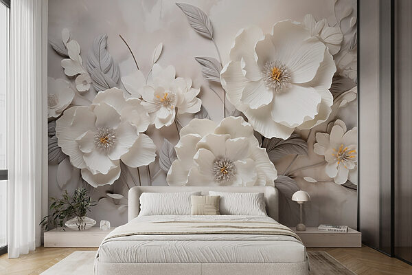 Weiße Blumen an einer Wand Fototapeten Weiße Blumen an einer Wand