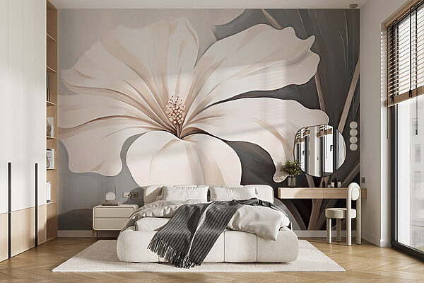 Weiße Blume auf grauem Hintergrund Fototapeten Weiße Blume auf grauem Hintergrund