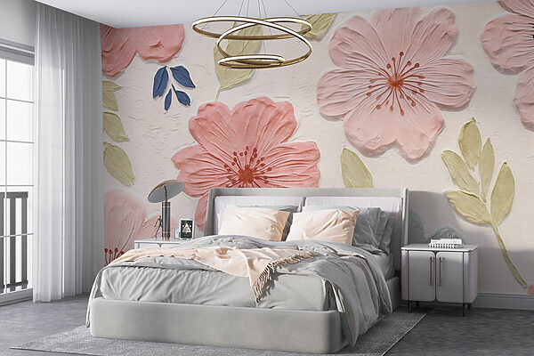 Wand mit Blumen und Blättern Fototapeten Wand mit Blumen und Blättern