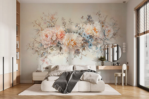 Malerei von Blumen auf einer weißen Fläche Fototapeten Malerei von Blumen auf einer weißen Fläche