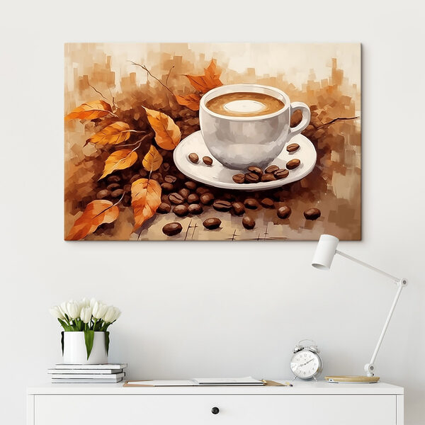 Kaffeetasse und Bohnen auf einer Untertasse Wandbilder Kaffeetasse und Bohnen auf einer Untertasse