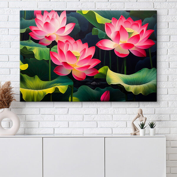 Gruppe von rosa Blüten mit grünen Blättern Wandbilder Gruppe von rosa Blüten mit grünen Blättern