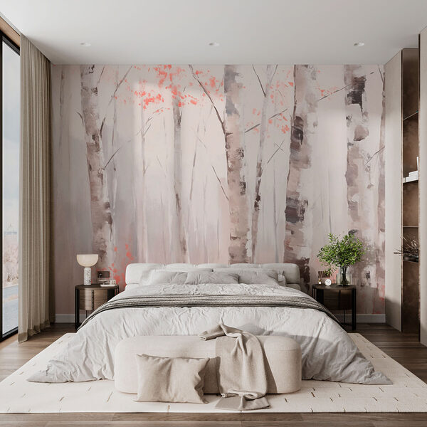 Gemälde von Bäumen mit rosa Blättern Fototapeten Gemälde von Bäumen mit rosa Blättern