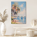 Wandbilder Gemälde eines Strandes mit Palmen und Booten