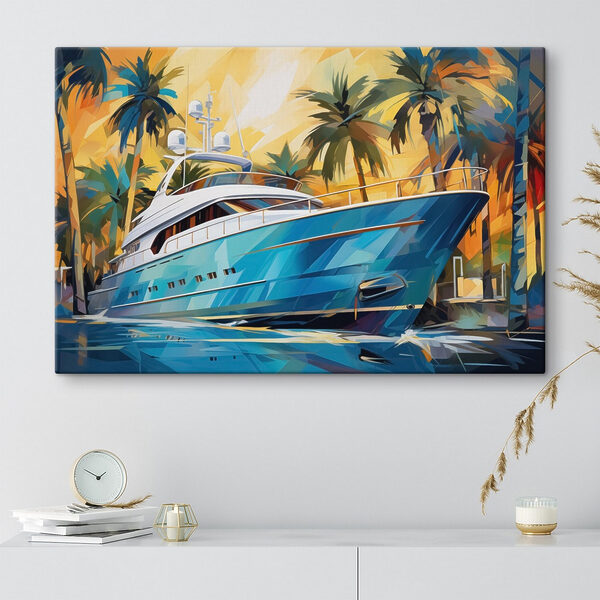 Blaues Boot im Wasser mit Palmen Wandbilder Blaues Boot im Wasser mit Palmen