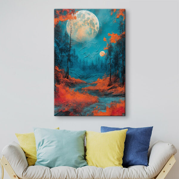 Gemälde eines Waldes mit orangefarbenen Blättern und einem Vollmond Wandbilder Gemälde eines Waldes mit orangefarbenen Blättern und einem Vollmond