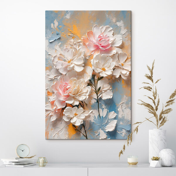 Gemälde mit Blumen auf blauem und gelbem Hintergrund Wandbilder Gemälde mit Blumen auf blauem und gelbem Hintergrund