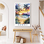 Wandbilder Aquarellmalerei eines Strandes mit Palmen und Wellen