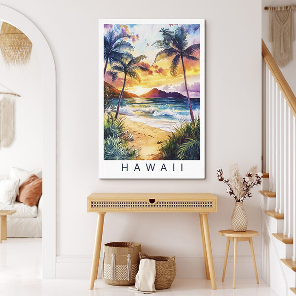 Aquarellmalerei eines Strandes mit Palmen und Wellen Wandbilder Aquarellmalerei eines Strandes mit Palmen und Wellen