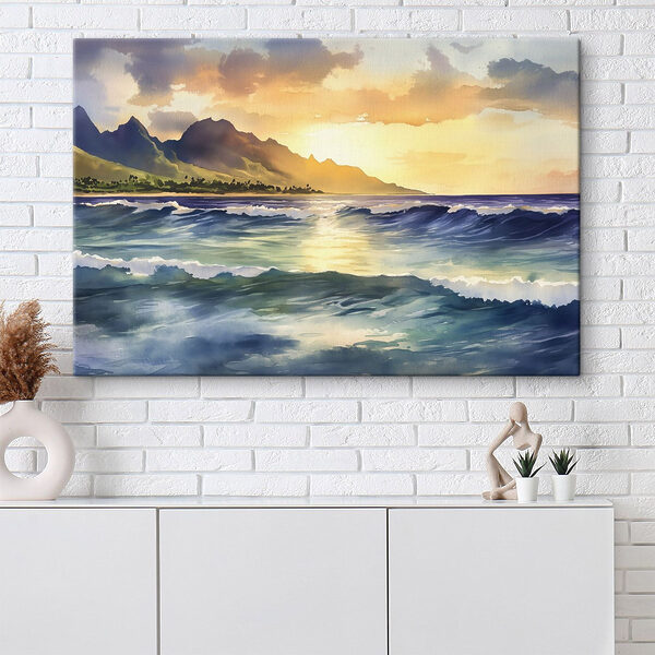 Aquarell von Wellen und Bergen im Hintergrund Wandbilder Aquarell von Wellen und Bergen im Hintergrund