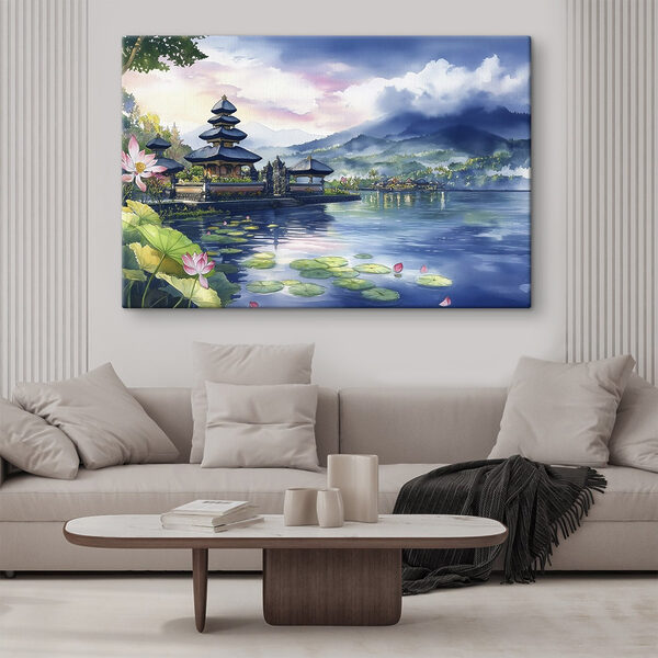 Aquarell eines Sees mit einer Pagode und Seerosenblättern Wandbilder Aquarell eines Sees mit einer Pagode und Seerosenblättern
