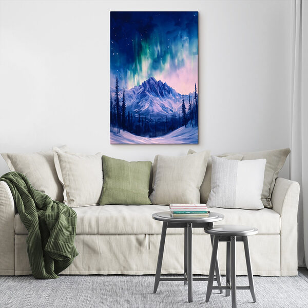 Gemälde eines Berges mit Bäumen und Polarlichtern Wandbilder Gemälde eines Berges mit Bäumen und Polarlichtern