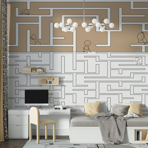 Labyrinthspiel mit Menschen, die auf der Wand laufen Fototapeten Labyrinthspiel mit Menschen, die auf der Wand laufen