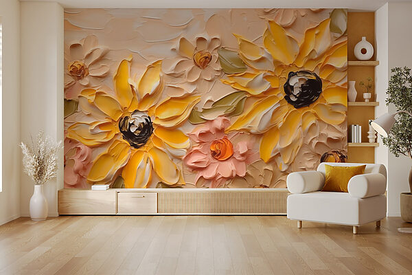Gemälde mit Blumen an einer Wand Fototapeten Gemälde mit Blumen an einer Wand