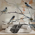 Fototapeten Aquarell von Vögeln auf einem Baumzweig