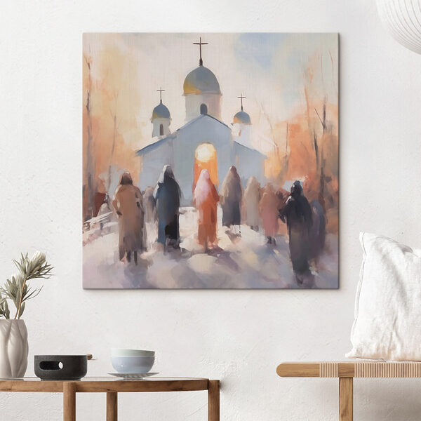 Gruppe von Menschen, die vor einer Kirche gehen Wandbilder Gruppe von Menschen, die vor einer Kirche gehen