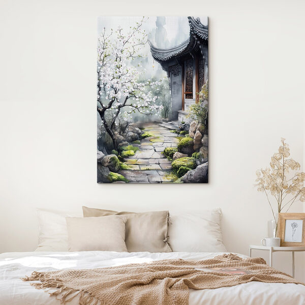 Gemälde eines Gebäudes mit einem Baum und Blumen Wandbilder Gemälde eines Gebäudes mit einem Baum und Blumen