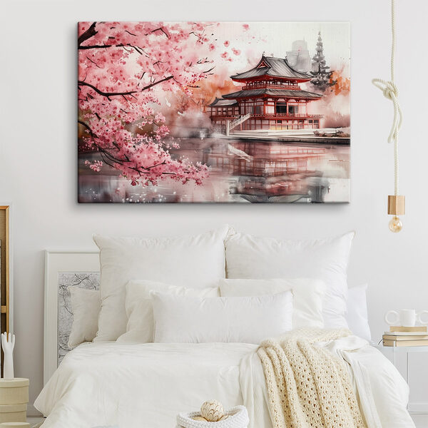 Aquarellmalerei eines Gebäudes und eines Kirschblütenbaums Wandbilder Aquarellmalerei eines Gebäudes und eines Kirschblütenbaums