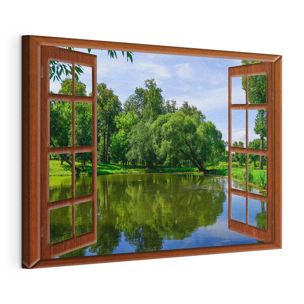 Blick auf einen Teich durch ein Fenster Wandbilder Blick auf einen Teich durch ein Fenster