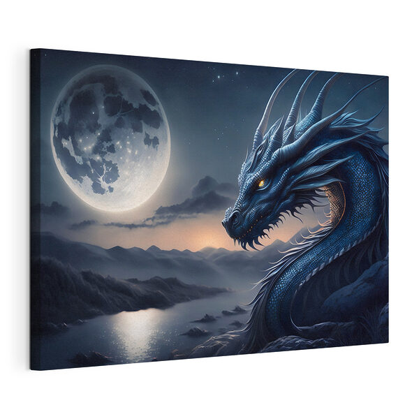 Wandbilder Blauer Drache mit Hörnern und einem Mond im Hintergrund