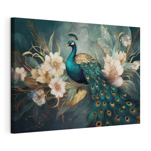 Wandbilder Majestätischer Pfau inmitten von eleganten Blüten