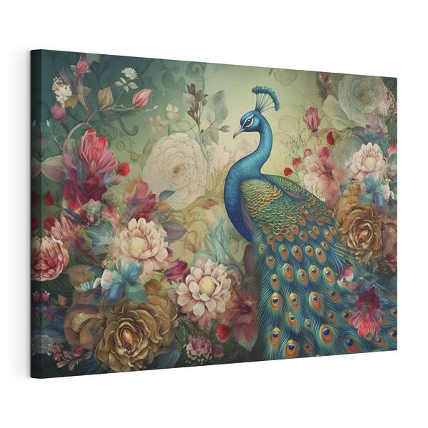Wandbilder Eleganter Pfau inmitten leuchtender Blüten