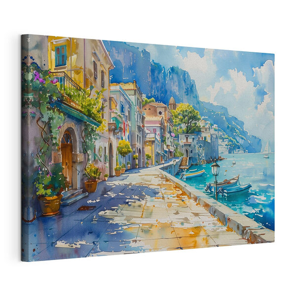 Ein Dorf am Meer mit Booten und Sonnenschein Wandbilder Ein Dorf am Meer mit Booten und Sonnenschein