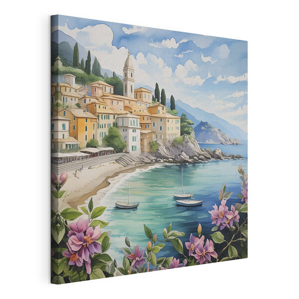 Wandbilder Gemälde einer Stadt am Strand mit Booten und Blumen