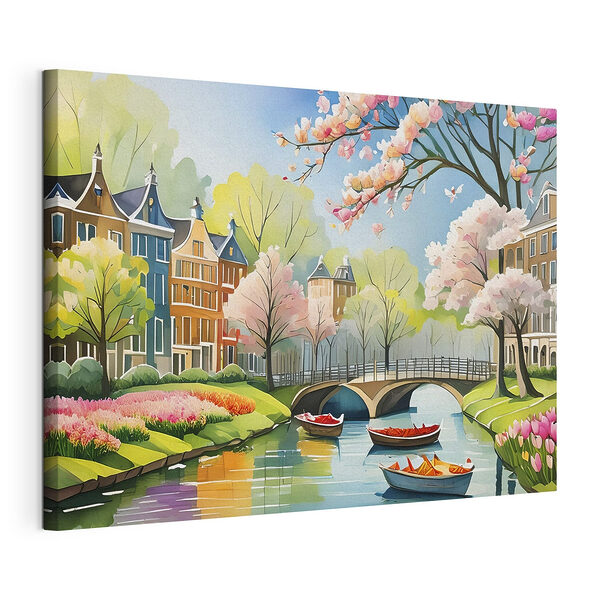 Wandbilder Gemälde eines Flusses mit Booten, einer Brücke und Bäumen