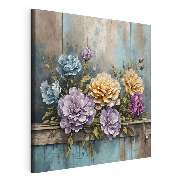 Wandbilder Gemälde von Blumen auf einem Holzsims
