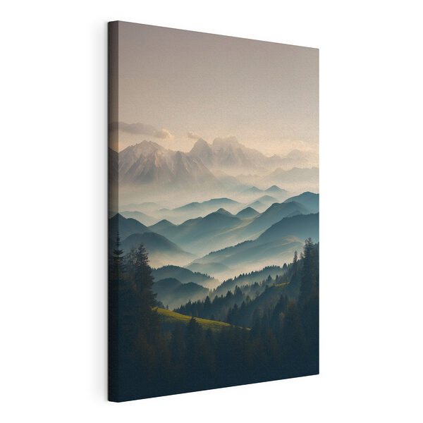 Wandbilder Bergkette mit Bäumen und Nebel