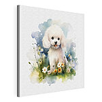 Wandbilder Weißer Hund in einem Blumenfeld sitzend
