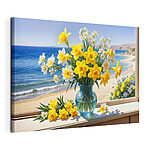Wandbilder Vase mit gelben und weißen Blumen auf einer Fensterbank