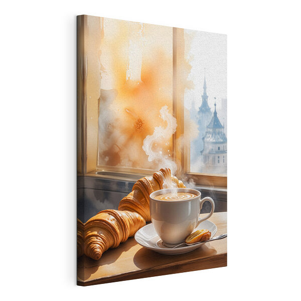 Wandbilder Tasse Kaffee und Croissants auf einem Tisch