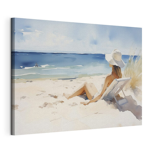 Frau sitzt in einem Stuhl am Strand Wandbilder Frau sitzt in einem Stuhl am Strand