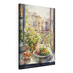 Wandbilder Aquarellmalerei eines Tisches mit Essen und Blumen vor einem Fenster