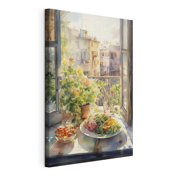 Wandbilder Aquarellmalerei eines Tisches mit Essen und Blumen vor einem Fenster