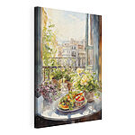 Wandbilder Aquarellmalerei von Blumen und Früchten auf einem Tisch vor einem Fenster