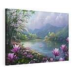 Wandbilder Fluss mit Blumen und Bergen im Hintergrund