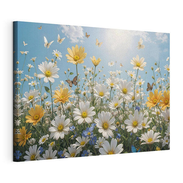 Wandbilder Gruppe von Schmetterlingen fliegen über ein Feld von Blumen
