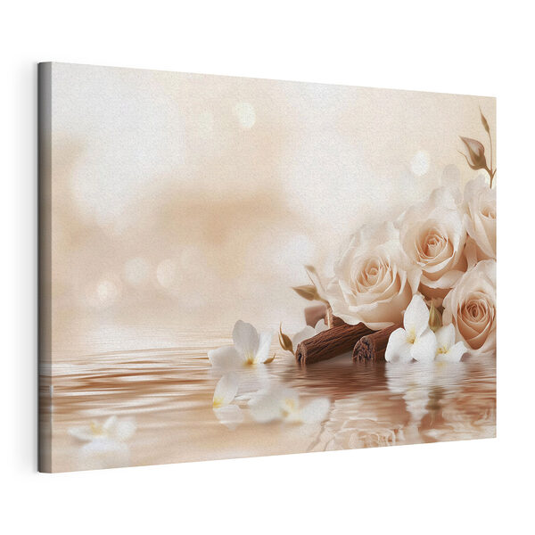 Gruppe von weißen Rosen und Zimtstangen in Wasser Wandbilder Gruppe von weißen Rosen und Zimtstangen in Wasser