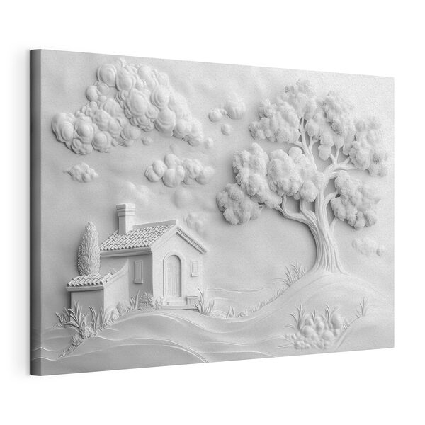 Weißes Wandbild mit Haus und Baum Wandbilder Weißes Wandbild mit Haus und Baum